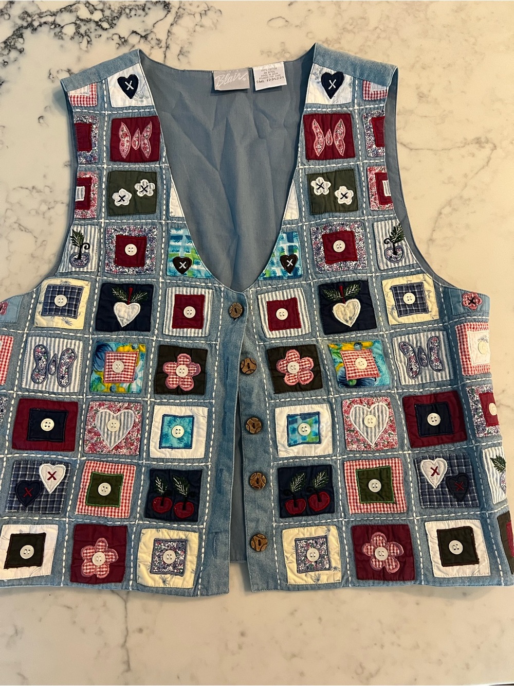 Blair Vintage Quilted Patch Work Denim Vest Wood Buttons Granny Core Cotton Smal